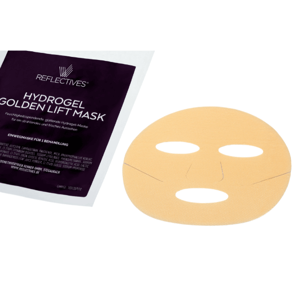 Hydrogel-Maske Golden Lift liegt neben der Verpackung.
