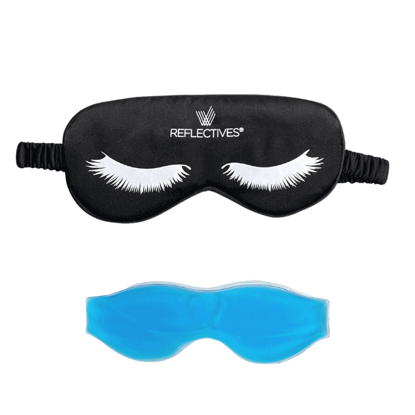 Schlafmaske mit Kühlpad (Satin schwarz) in der Frontansicht.