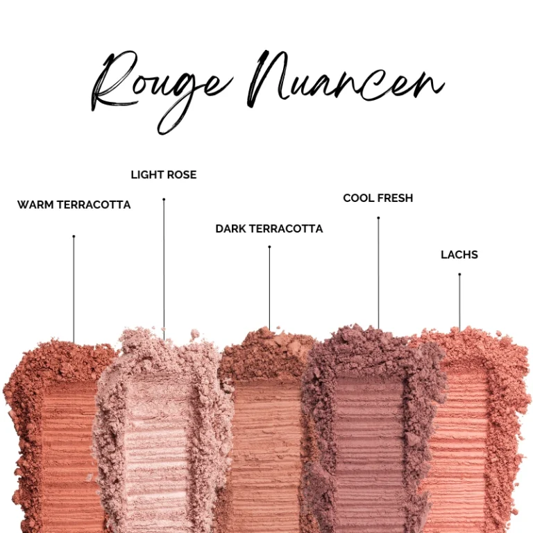 Mineral Rouge-Farben als Puder-Striche auf weißem Untergrund aufgetragen.