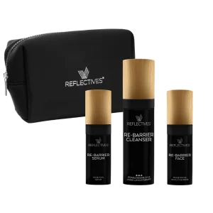 Im Re-Barrier Face Care Gesichtspflege-Set enthaltene Produkte aufgereiht vor der Kosmetiktasche.